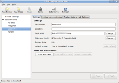 GNOME system-config-printer.py screenshot showing new
layout