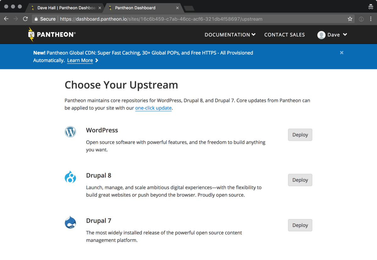 Screenshot: Pantheon &ldquo;Choose your upstream page&rdquo;